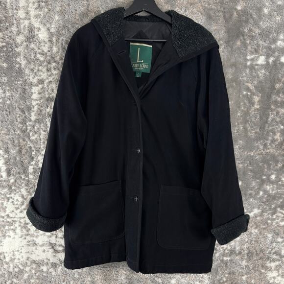 Larry Levine Size M Outdoor Button Coat Black Lined Long Sleeve Pocket - Picture 1 of 11